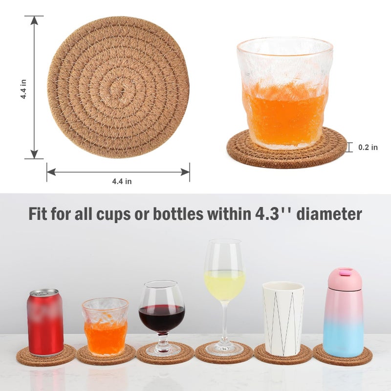 ABenkle 8 Pcs Drink Coasters with Holder  Cotton Woven Absorbent Coasters for Drinks  Minimalist Home Decor Coaster Set for Wooden Tabletop Protection Table  4.3 inches Brown - Image 2